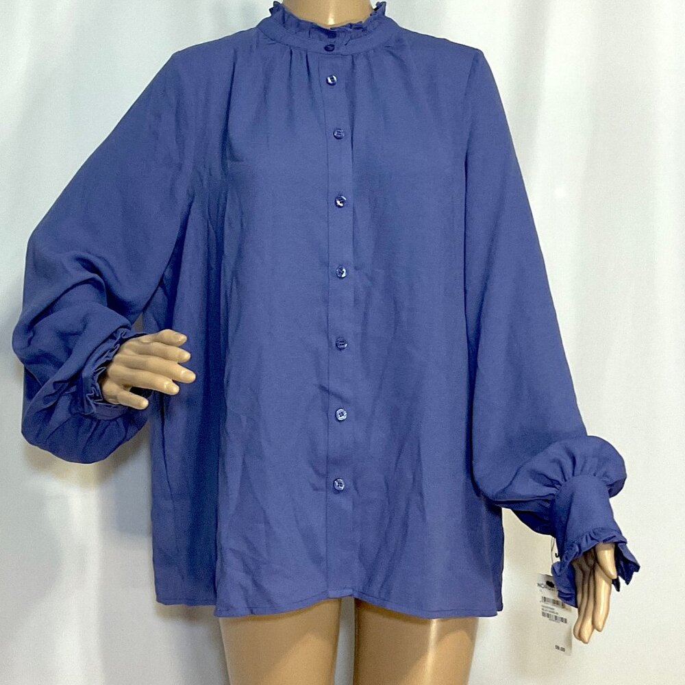 NWT Halogen Size L Blue Long Sleeve Flowy Blouse Womens Ruffles HA150788MI